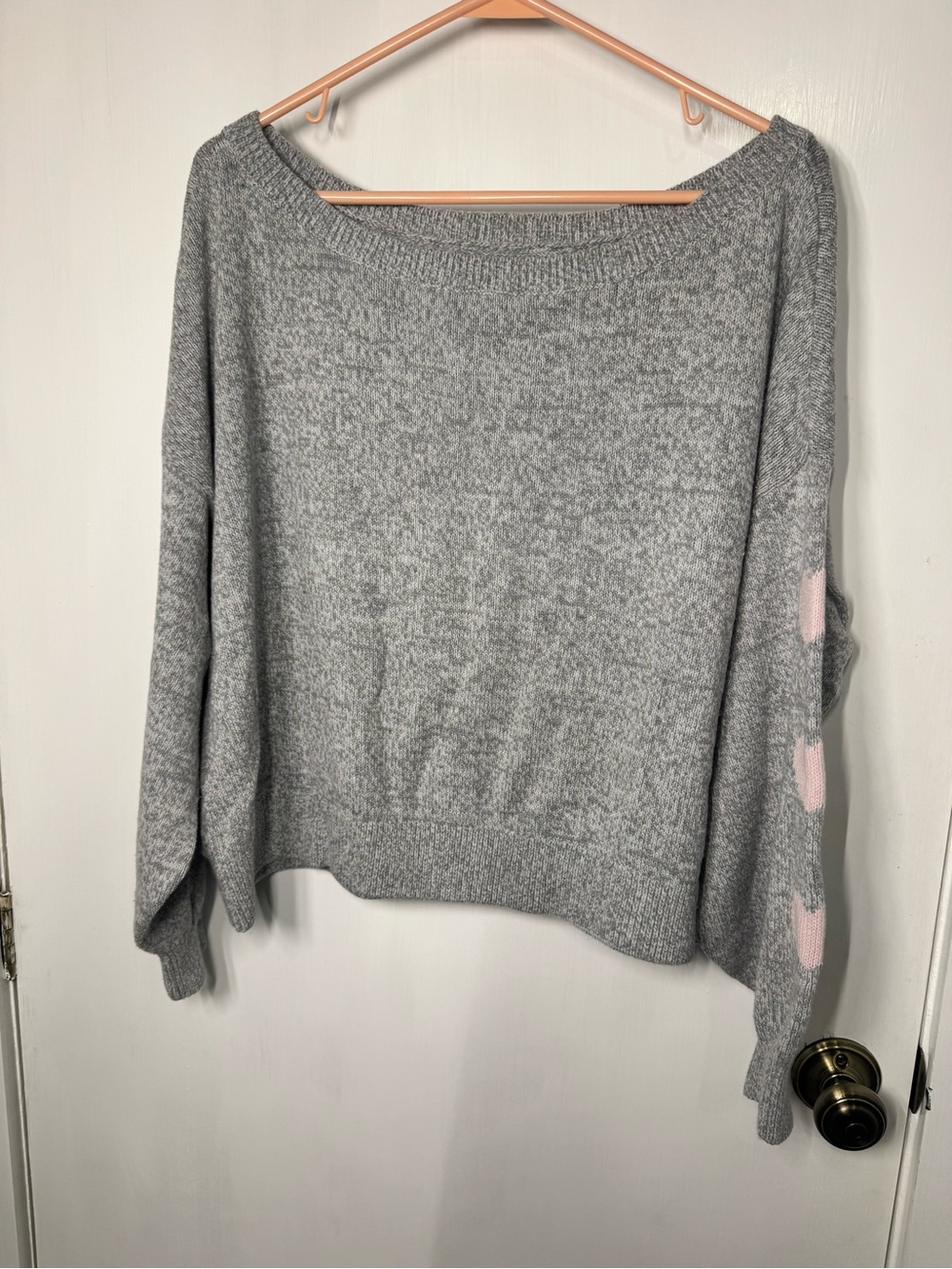 Hollister Women’s Off-the-Shoulder Gray Sweater with Pink Sleeve Hearts